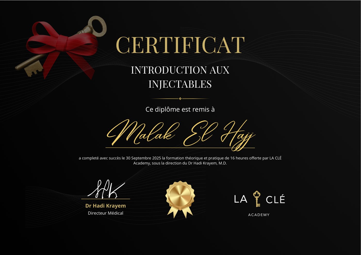 Certificat La Clé Academy remis à Malak El Hajj